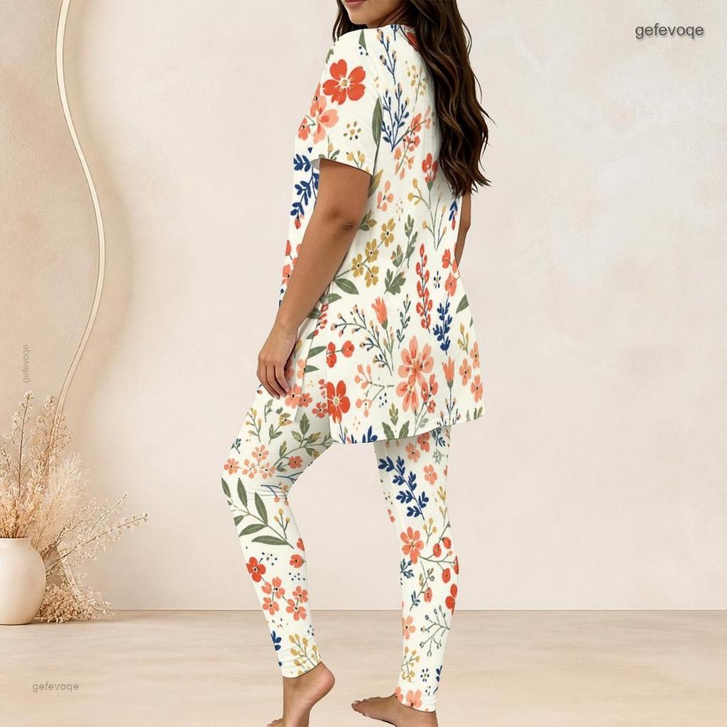 Women Plus Size Two Piece Set Round Neck Short Sleeve Floral Printed Long Top And Fitted Pants