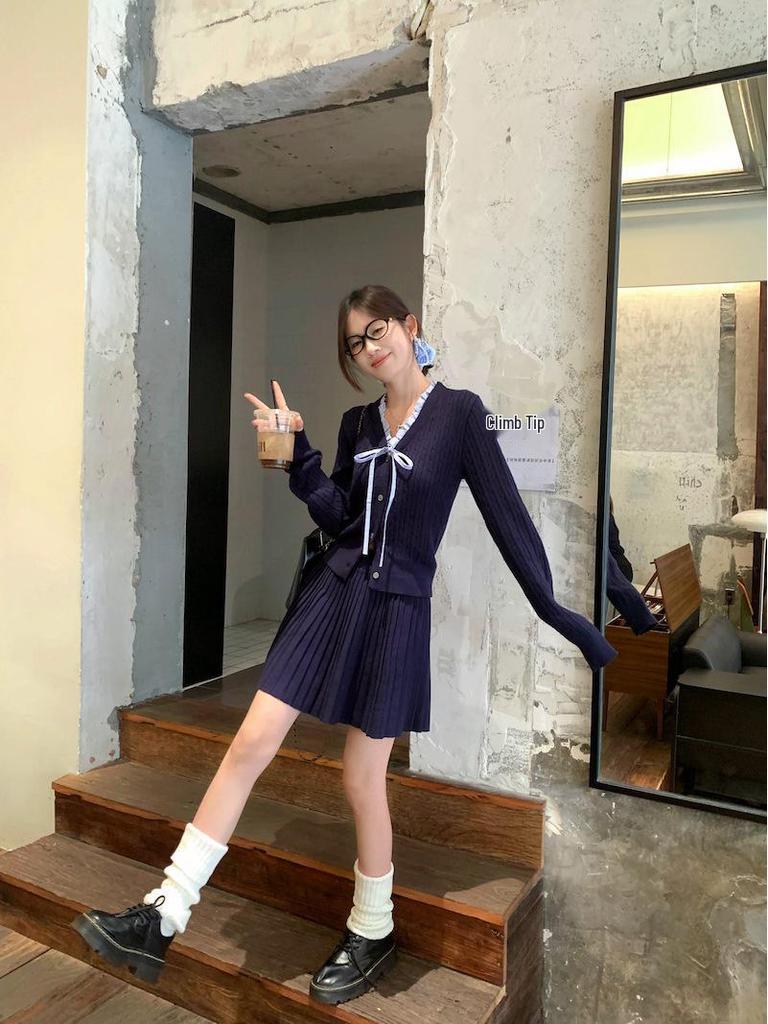 Korean Preppy Ruffle Knit Cardigan & Pleated Midi Skirt Set for Women (Autumn/Winter)