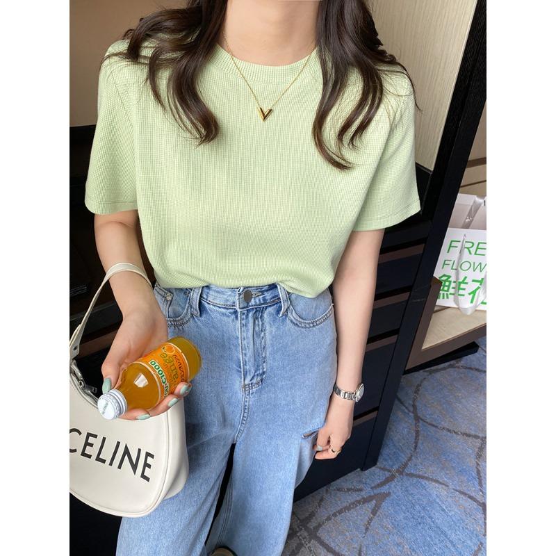 

Короткие рукава женская летняя новая круглая горловина вафельная однотонная футболка Ins свободный топ с коротким рукавом белая футболка 2XL