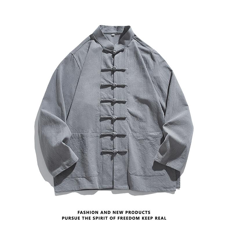

Autumn Men Soild Color Shirt Men Long Sleeve Chinese Style Shirts Tang Suit Male Retro Kung Fu Tai Chi Tops White Shirts 4XL сірий