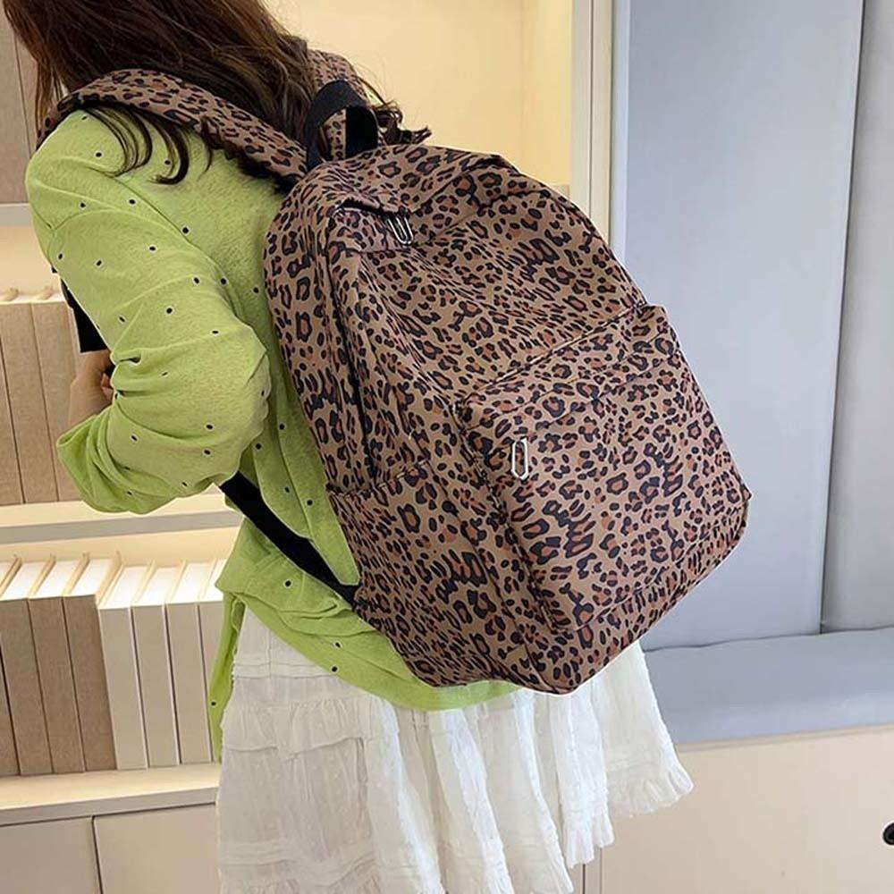 Nylon Students School Bag Retro Large Capacity Backpack Portable Leopard Print Backpack  for Gift