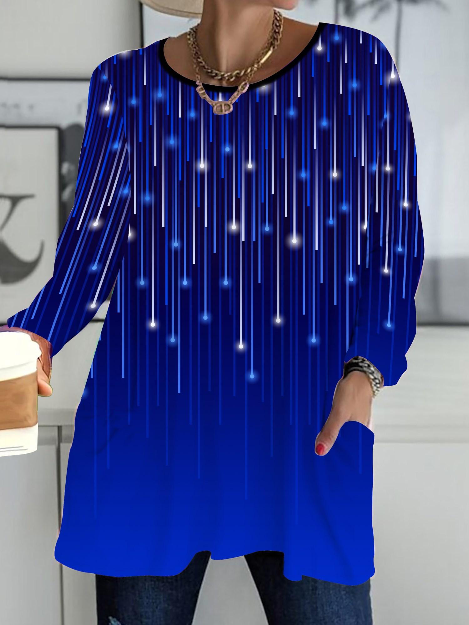 

2025 Осень Зима Новые Женские Топы Большого Размера, Модные Футболки с 3D-принтом Геометрии с Круглым Вырезом и Длинным Рукавом 6XL синий