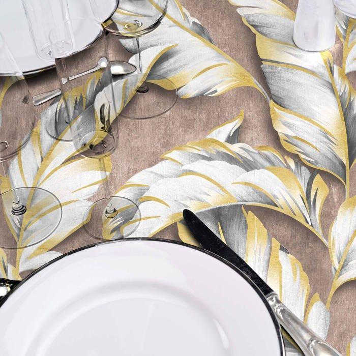 Nappe ronde - EDEN - Ebany Choco - Ø 160 cm - Marron motif végétal pailletées dorées - PVC imperméable