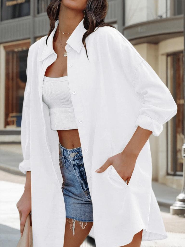 Women's Oversized Button Down Blouse Long Sleeve Stand Collar Loose Casual Top with Pockets