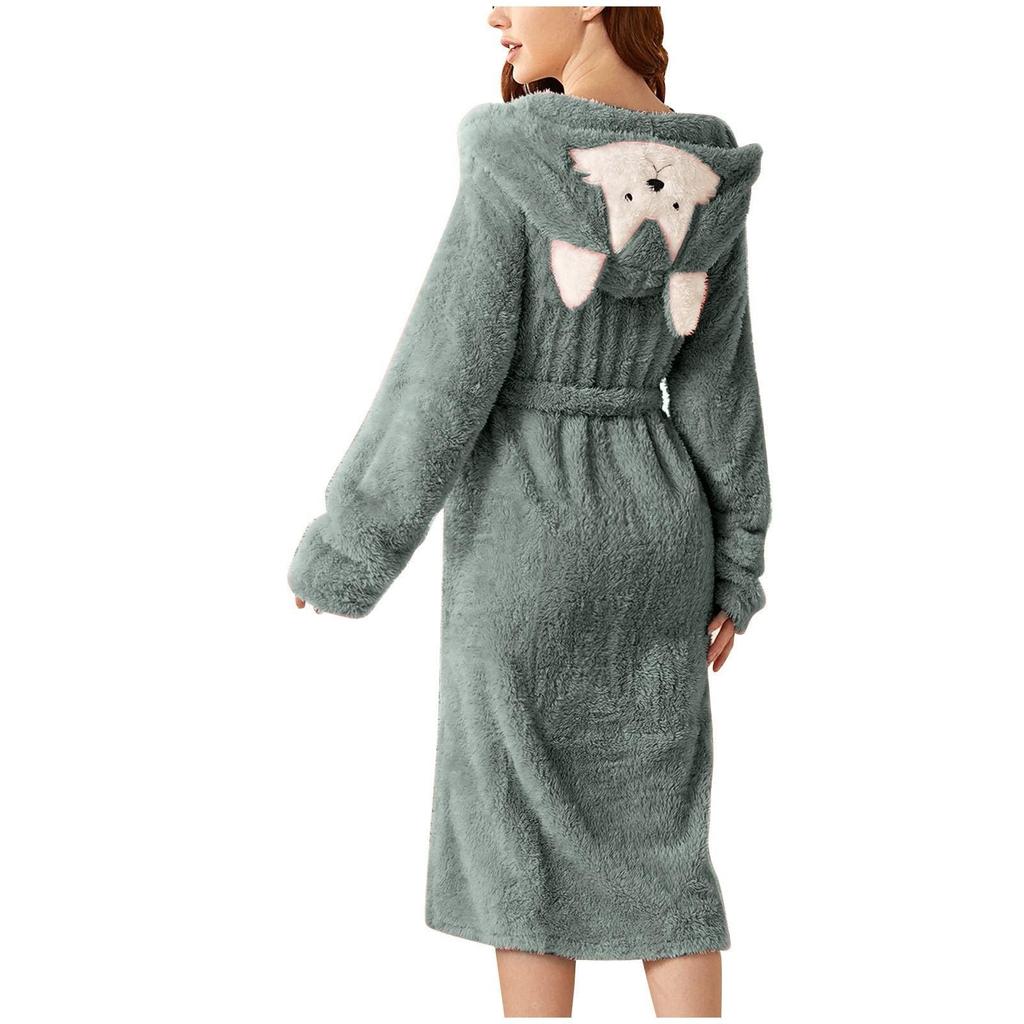 Women's Fleece-Lined Pocket Ear Cap Solid Color Bathrobe