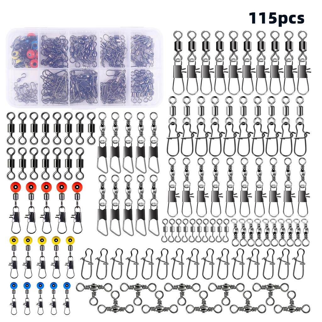 115Pcs Fishing Swivels Kit High Strength Fishing Line Connector With Rolling Swivels Barrel Swivels for Bass Trout