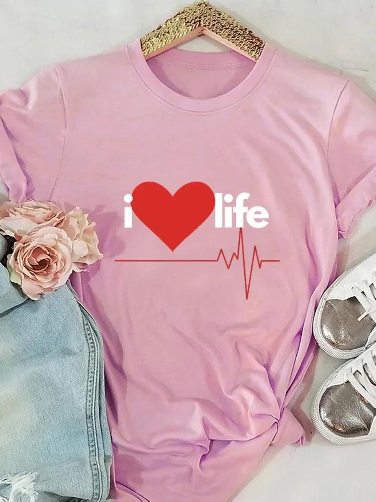 I Love Life Heart Print Women T Shirt Short Sleeve O Neck Loose Women Tshirt Ladies Tee Shirt Tops Clothes Camisetas Mujer