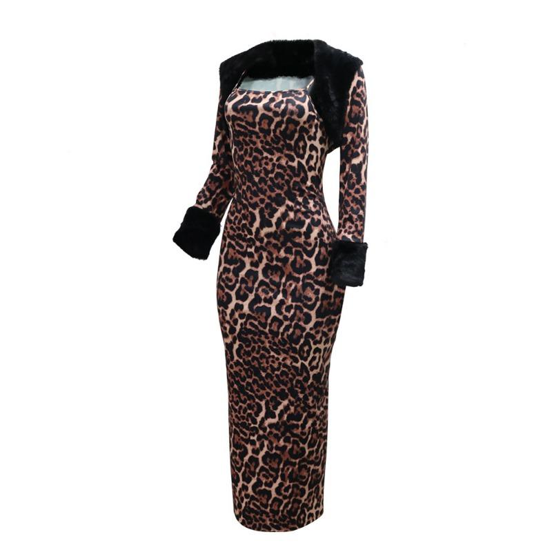 Women's Halter Split Long Dress with Stylish Fluffy Long Sleeve Print Two-piece Set