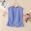 ZANZEA Women Casual Round Neck Summer Plaid Print Sleeveless Tank Tops