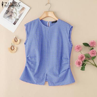 Women Casual Round Neck Summer Plaid Print Sleeveless Tank Tops