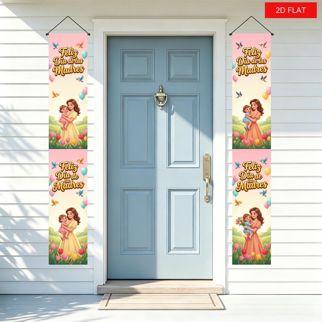 2D Flat, 2D Flat, 2D Flat Banner, 2pcs Spanish Mother'S Day "Feliz Dia De Las Madres" Doorway Couple, Mother Holding Baby with Tulips And Balloons, W