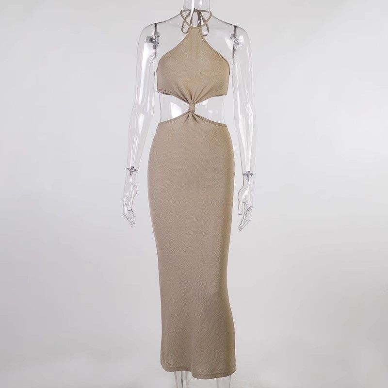 

Transition Niche Knot Cut Out Backless Dress Halterneck Khaki L