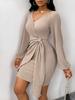 European American Women's V-Neck Lace-Up Knit Dress - Sexy Waist-Cinching Short Skirt
