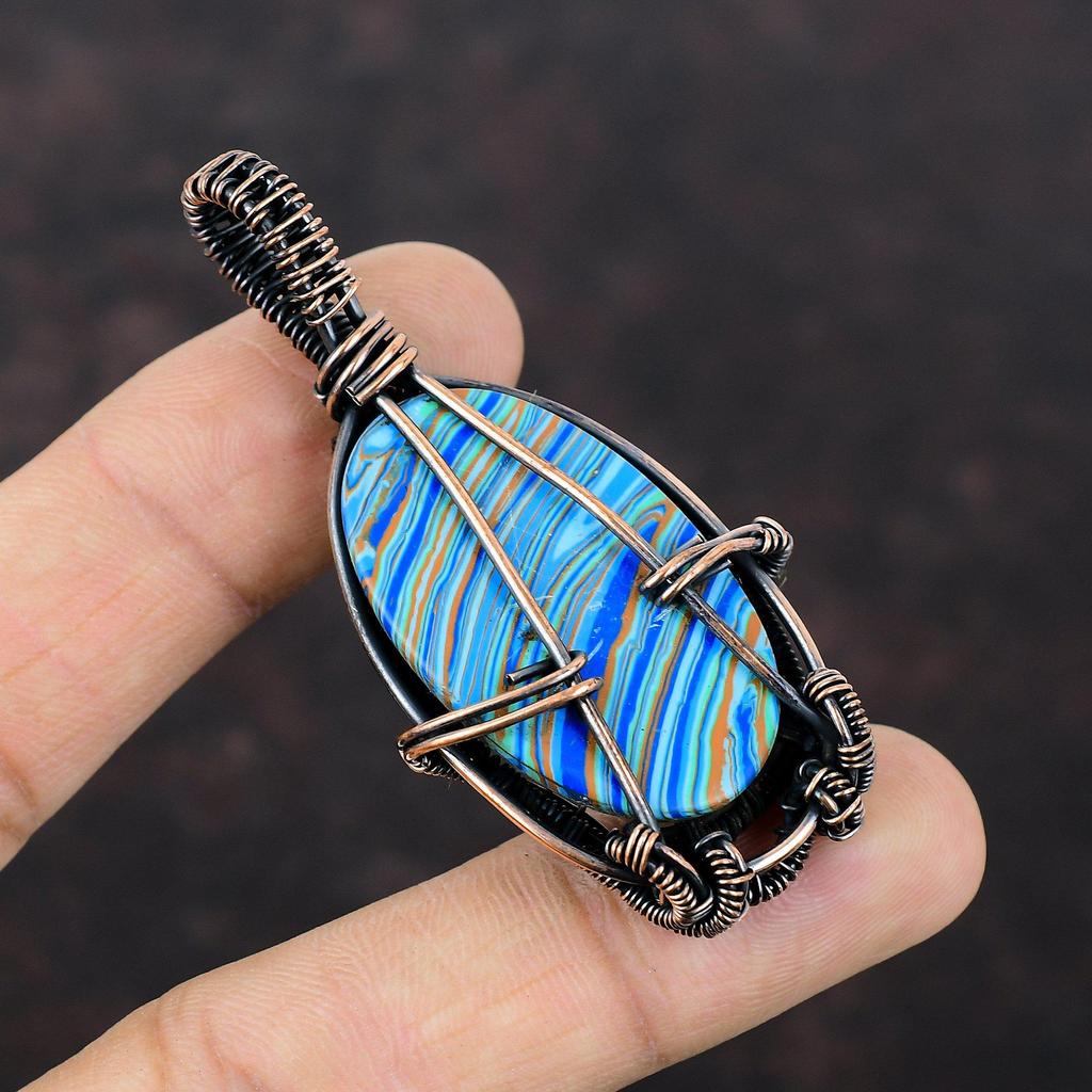 Regenbogen Calsilica Anhänger Kupferdraht gewickelter Anhänger Antikschmuck Edelsteinanhänger Handgefertigter Anhänger Erstaunlicher Kupferschmuck Geschenk für Ihn