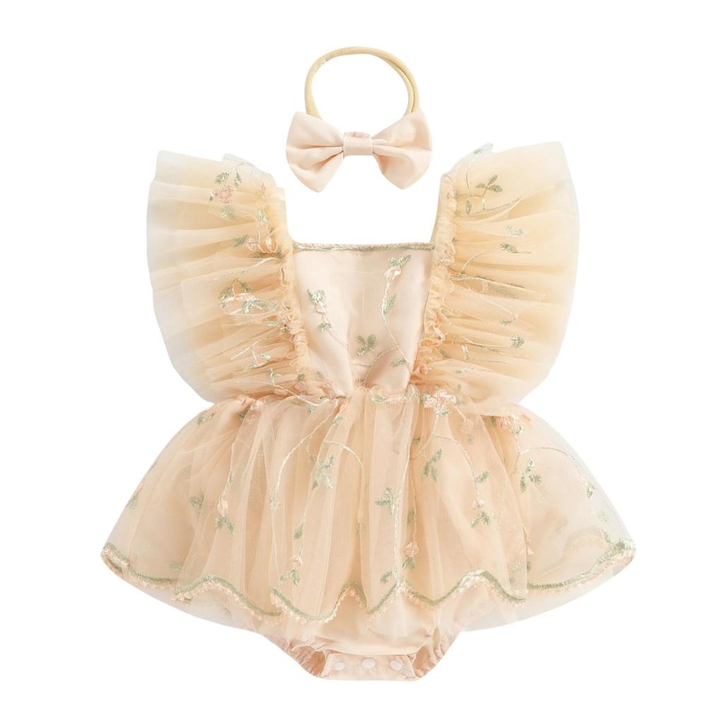 Infant Baby Girls Romper Dress Fly Sleeve Square-Neck Floral Embroidery Tulle Jumpsuit with Bow Headband