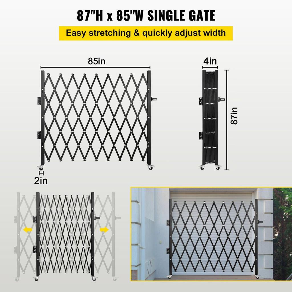 Puerta de Seguridad Plegable Individual, 216 × 214 cm(Ancho × Alto) Puerta plegable, Puerta de seguridad de acero tipo acordeón, Puerta de seguridad expandible flexible, 360° con ruedas