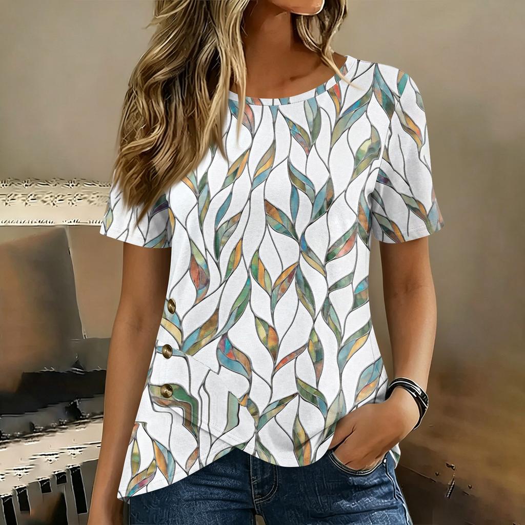 Women Short Sleeve Round Neck Top Floral Print Button Detail Casual Blouse Lightweight Summer Shirt