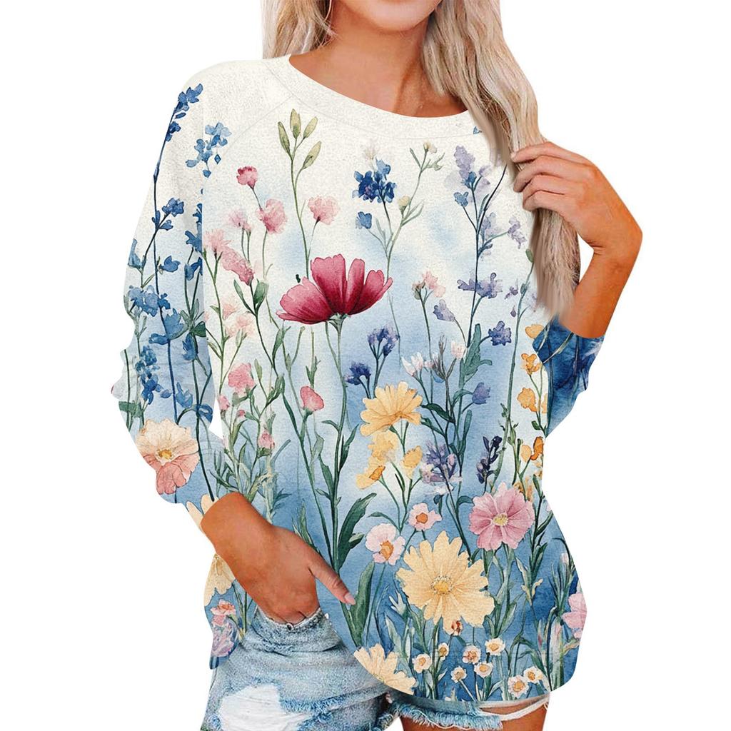 Damen Modisches Rundhals Schulter Langarm Bedrucktes Lässiges Pullover-Oberteil