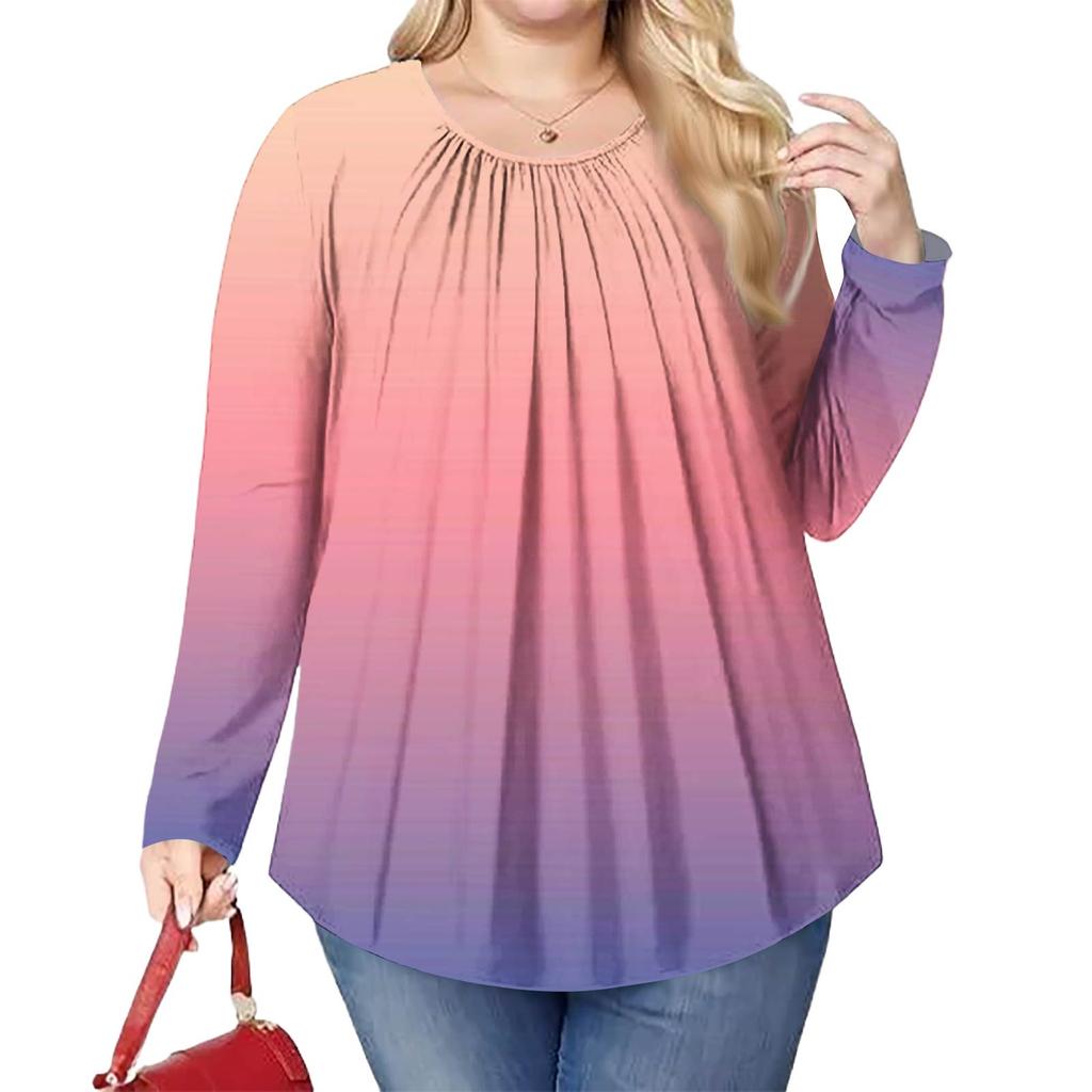 Women's Plus Size Fashion Printed Casual Pleated Round Neck Long Sleeve Top
