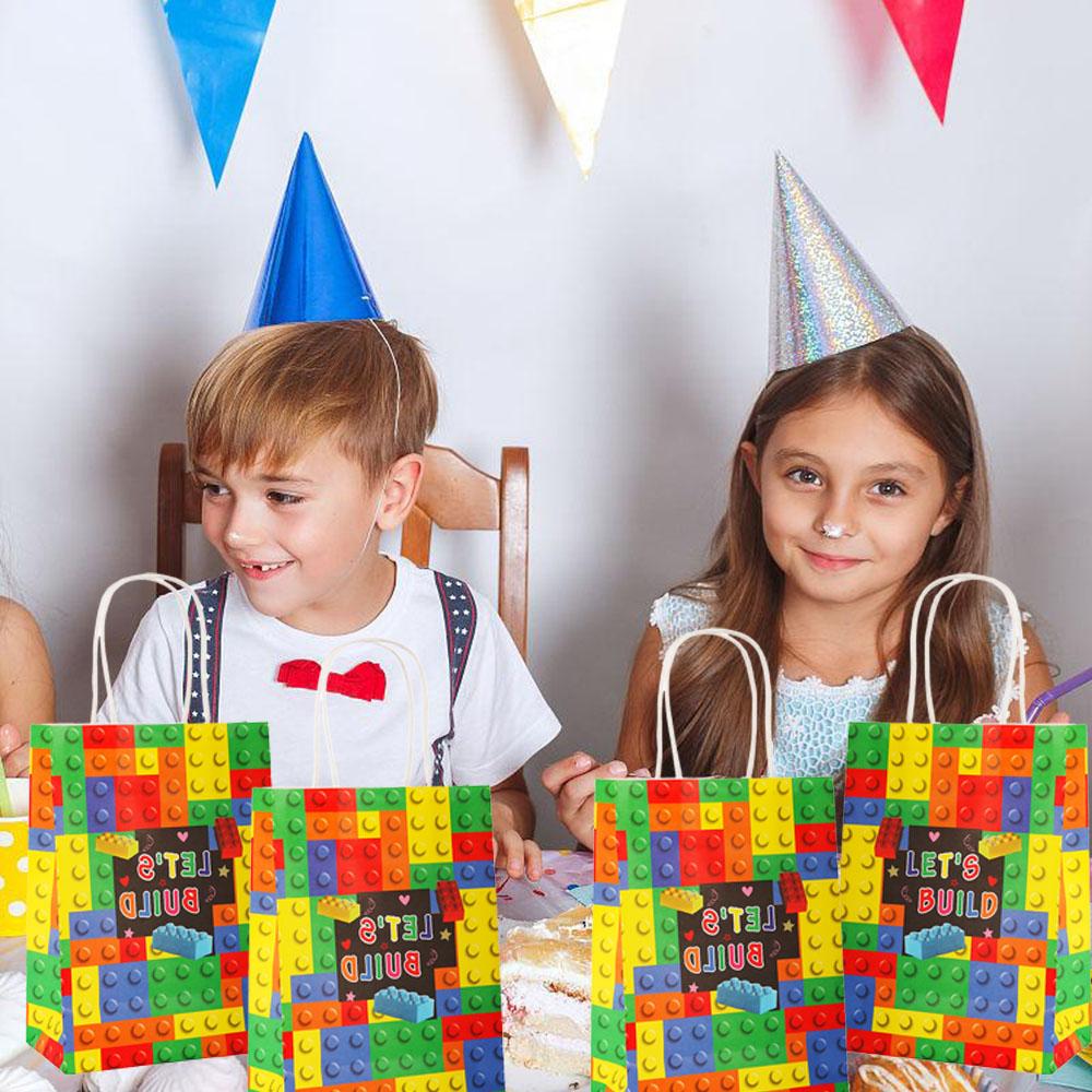 Building Blocks Brick Party Favors Gift Bags, Treat Paper Bag With Handle For Boy Kids Birthday, Baby Shower Decorations, 20Pcs