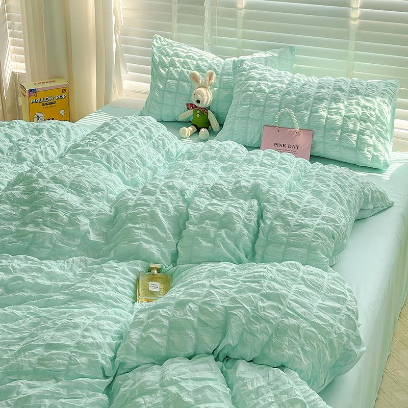 Korean Style Seersucker Cotton 4-Piece Bed Set - Girlish Duvet Cover & Sheet for Dorms (3-Piece)