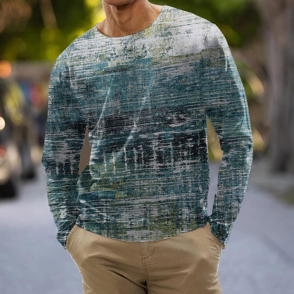 Men's Fashion Casual Stripe Printed Long Sleeve O-Neck Shirts Tops Blouse