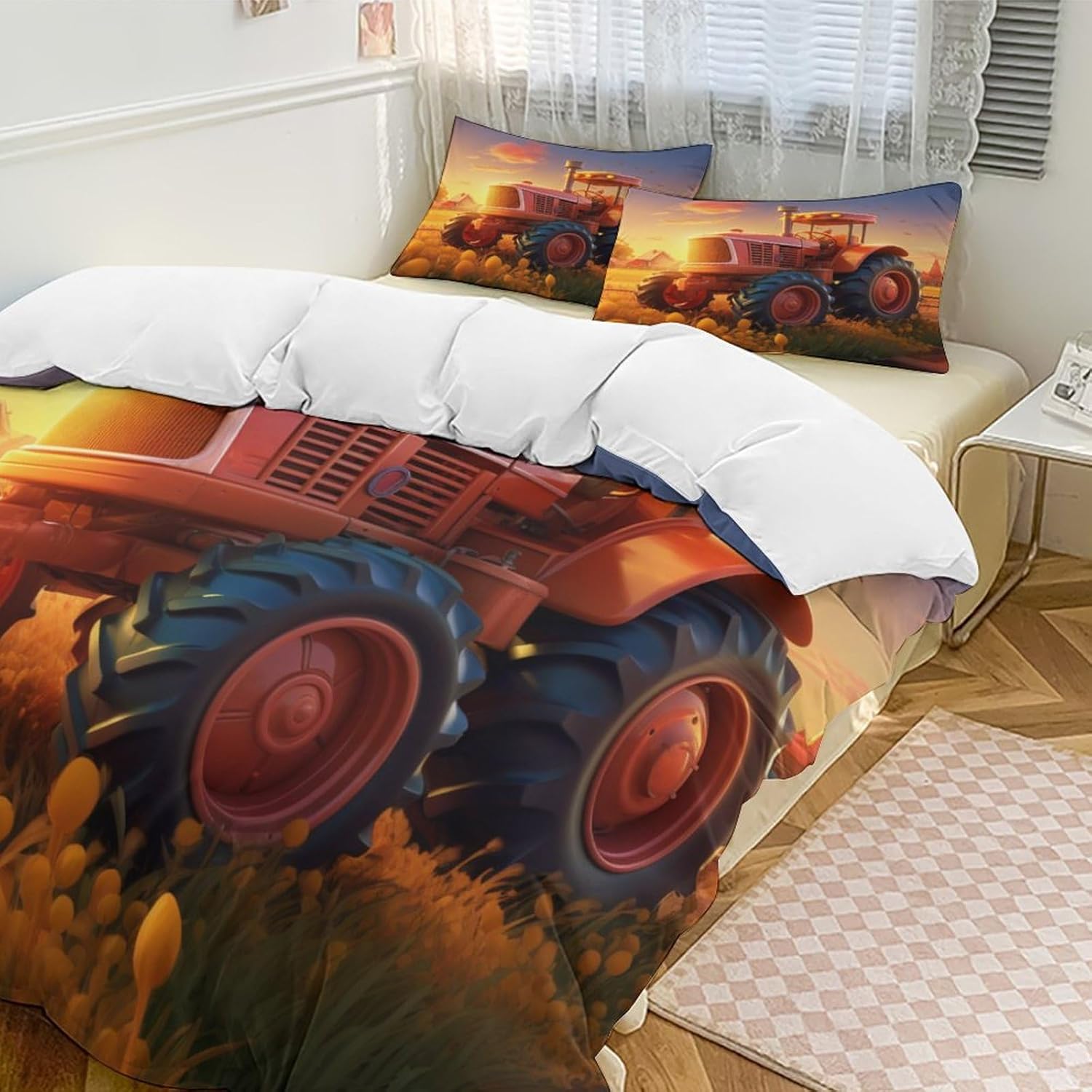 Housse de couette imprimé tracteur Couette pour lit Housse de couette pour garçons et filles Housse de couette douce en microfibre 2 pièces avec taies d'oreiller 75*50 Baby 70x133 cm