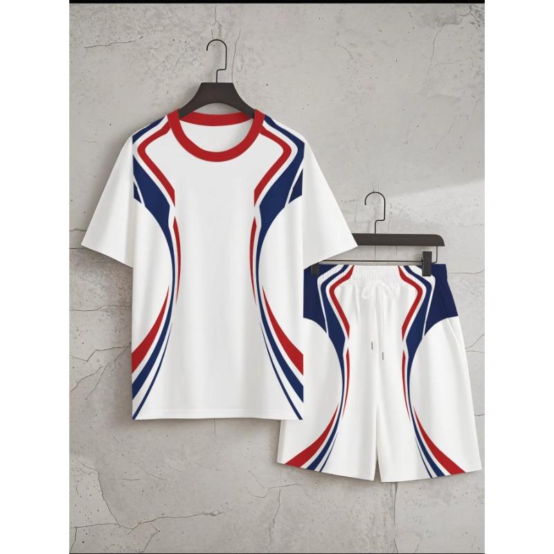 2026 Summer New Men's Short-Sleeved Set with 3D Stripes Pattern Print