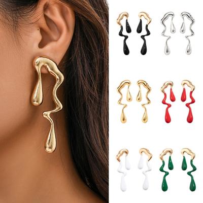 1 Pair Women Earring Liquid Stainless Water Drop Shape Irregular Contrast Color Hollow