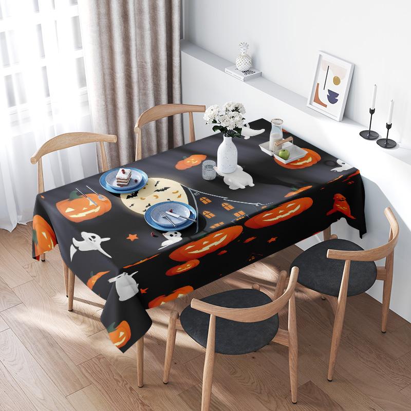 Halloween Tablecloth Decoration Black Orange Pumpkin Ghosts Print Fabric Placemat Cover for Home Dining Room Decorations 100x145cm