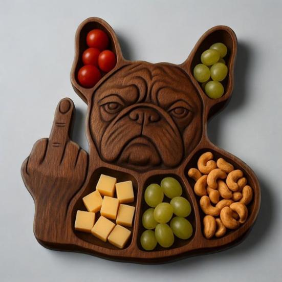 Zásobník na svačinu Bulldog se středním prstem 5 přihrádek Dřevěný servírovací podnos Zásobník na sýr, předkrmy a jídlo Prkénko na charcuterie Dárek pro milovníka psů