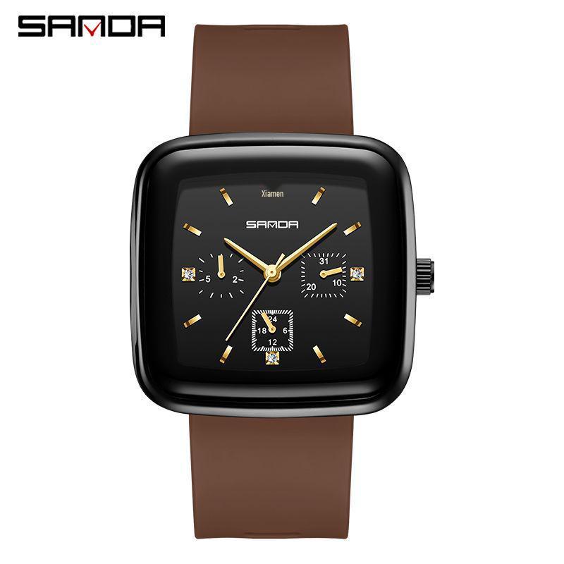 Sanda Square Men s & Women s Quartz Watch with Silicone Strap, Six Hands, Waterproof, Bar Markers, Fashionable Design