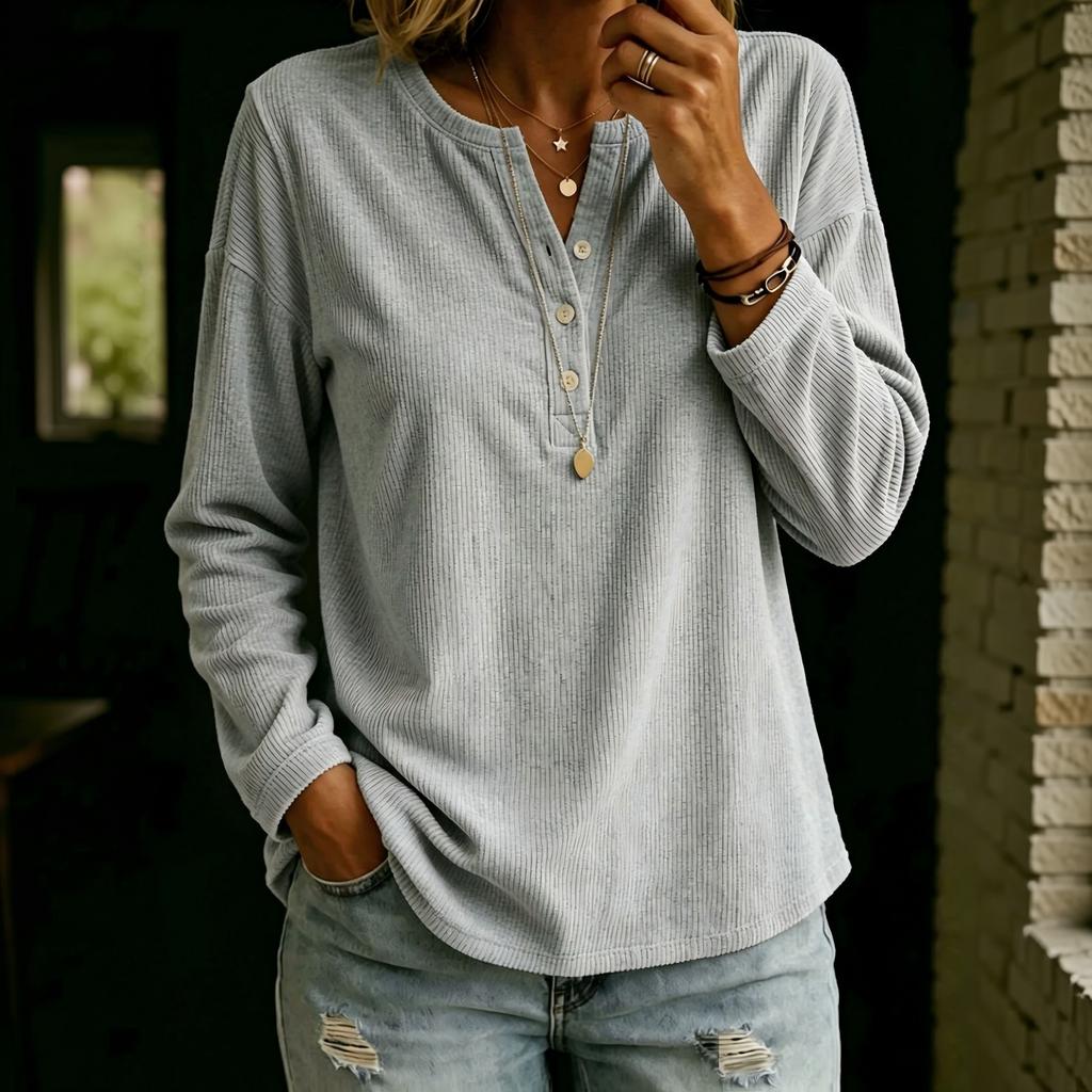 Women's Corduroy V-Neck Long Sleeve Top - Casual Loose Fit Blouse for Everyday Wear