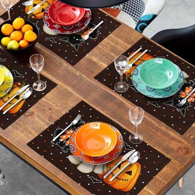 1PC Halloween Themed Linen Meal Mat with Pumpkin Black Cat and Bat Design Anti Slip and Table Mats Suitable Dining