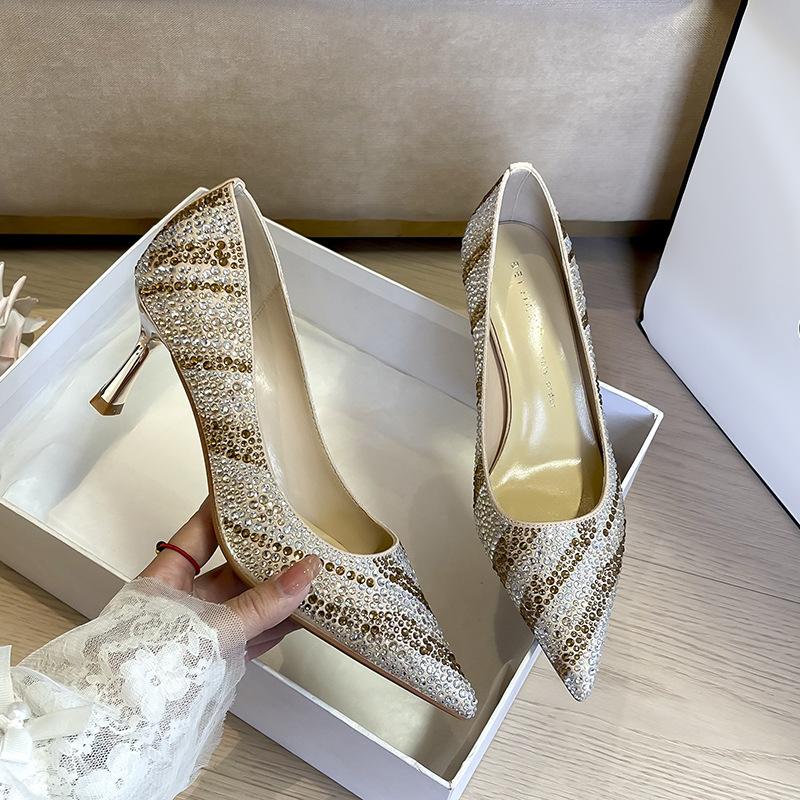 3356-28 Rhinestone Xiuhe Wedding Shoes Bridal Shoes High Temperament High Heels Pointed Thin Heels Single Shoes Not Tired Feet