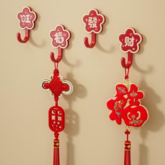 4Pcs Red Flower Adhesive Hooks Good Luck Bathroom Hooks Chinese Style Wall Hooks for Coats Hats Keys Kitchen Entryway