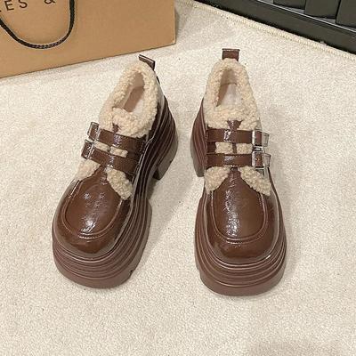 Fashion Women's Leather Platform Sneakers Autumn Winter Warm Plush Buckle Snow Shoes Thick Sole 10CM Heels Cotton Shoes Zapatos Mujer