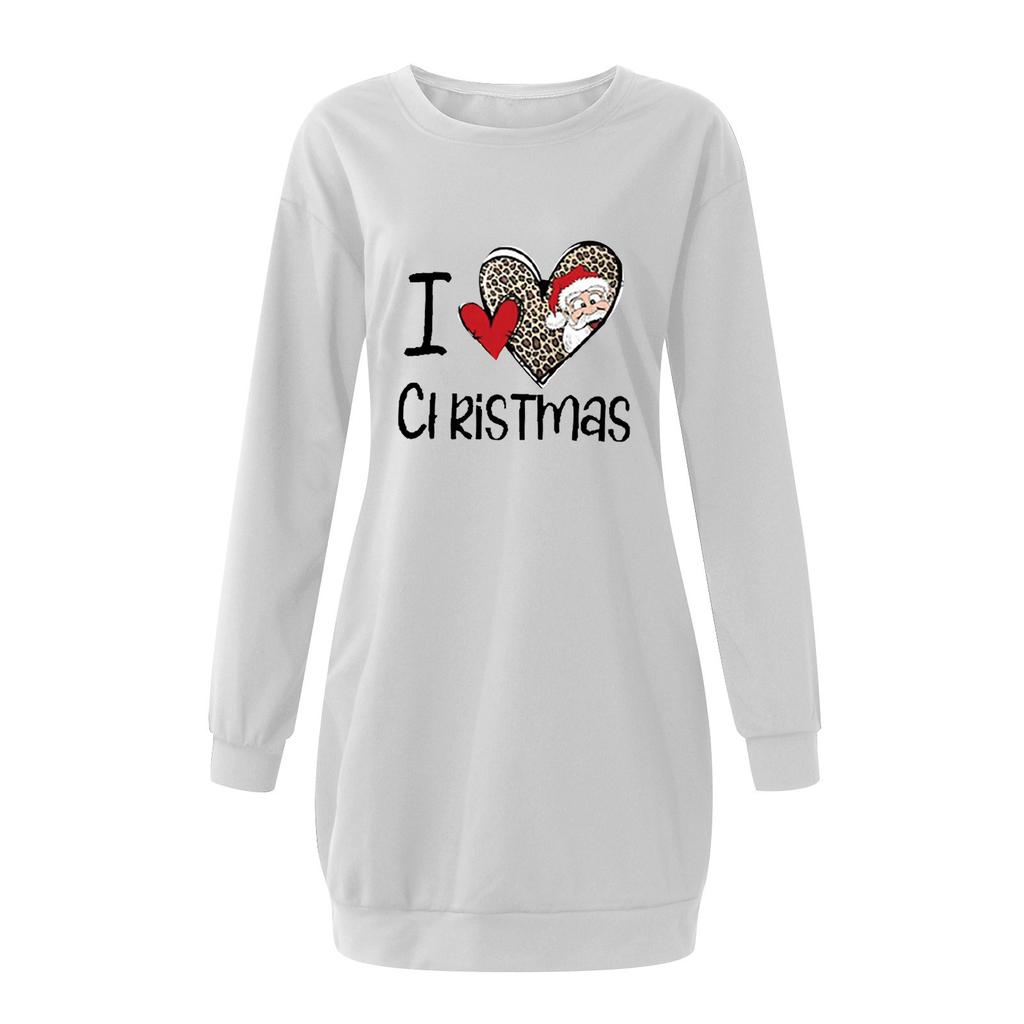 Women's Casual Solid Color Long Sleeve Round Neck Pocket Dress Merry Christmas