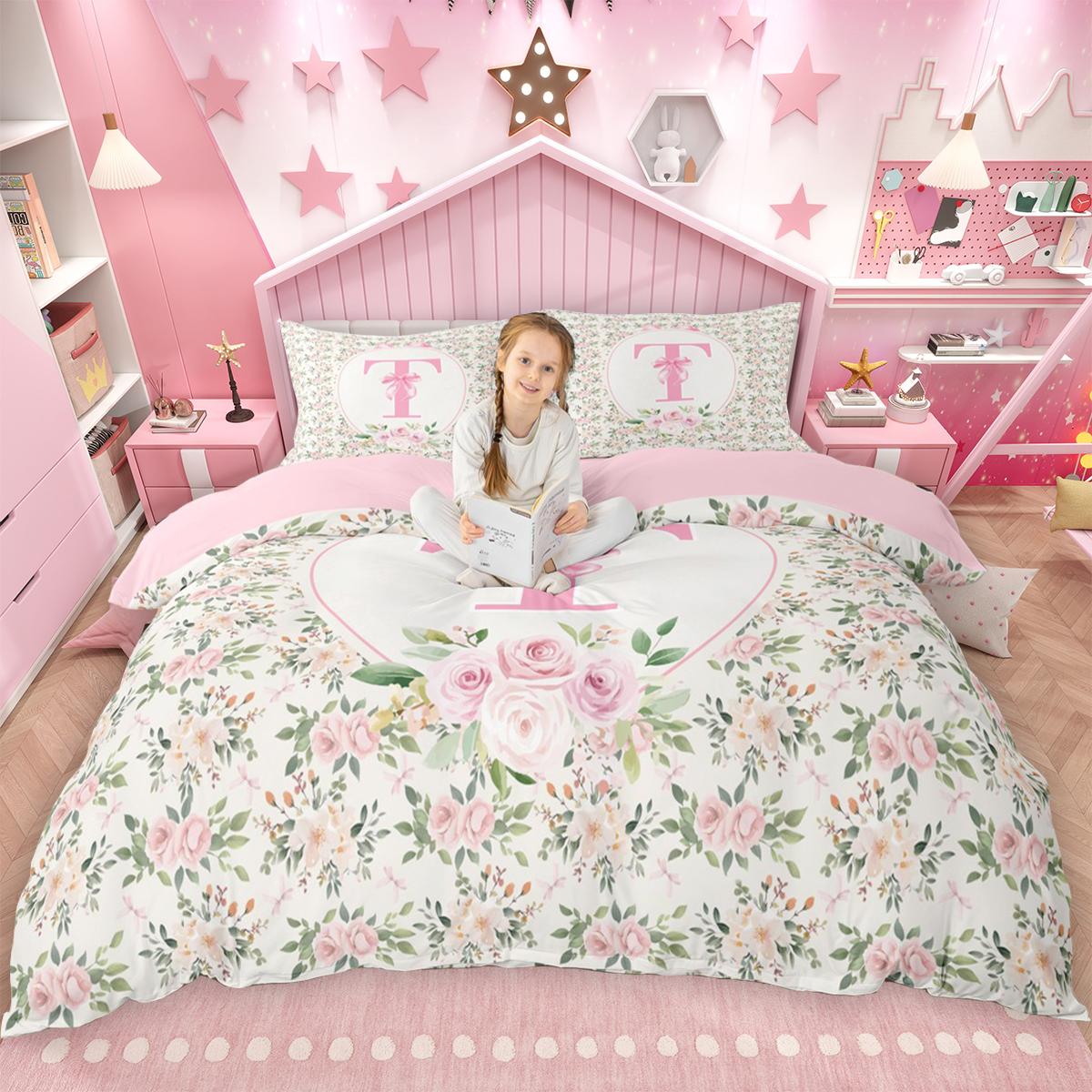 

Комплект пододеяльника с цветами для девочек Homewish, Комплект пододеяльника с цветочным монограммным узором, Шикарный комплект постельного белья с бантом и персонализированной буквой DE XS 100x135cm 2pcs&set