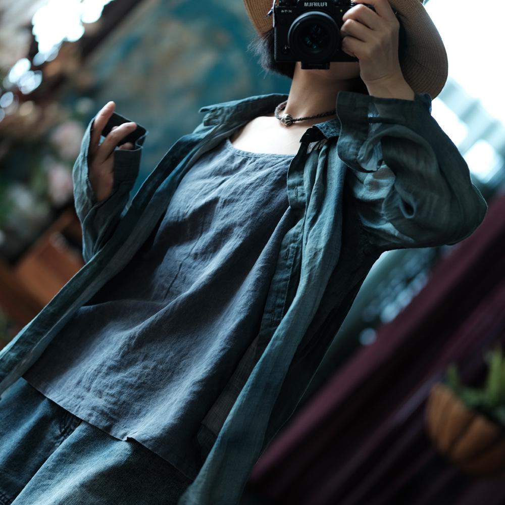 Luo Gu Ni Retro Washed Linen Loose Cardigan Shirt - Artistic Design, Light Shallow