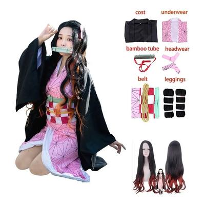 Adult Women Anime Demon Slayer Kamado Nezuko Cosplay Wig Long Curly Costume Kimono Costume Clothes Kids Girls