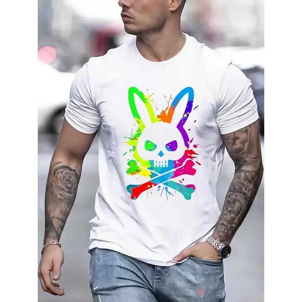European sizes Men's Y2K Retro Graphic T-Shirt - Neon Rabbit Skull Print Streetwear Tee, Moisture-Wicking All-Season Comfort, Machine Washable