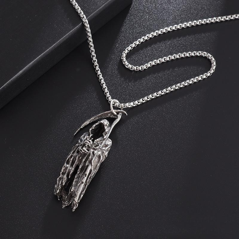 Retro Cloaked Grim Reaper with Sickle Pendant Necklace For Men Hip Hop Punk Copper Color Stainless Steel Neck Chain Jewelry Gift