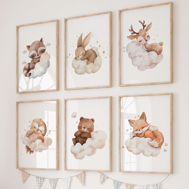 Cute Fox Deer Owl Rabbit Bear Cloud Sleeping Nursery Wall Art Canvas Painting Nordic Posters Prints Pictures Baby Boy Room Decor
