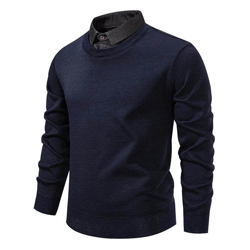 Autumn and Winter New Men's Fake Two-piece Knitted Fashion Shirt Collar Jacket Men's Sweater T-shirt Bottoming Shirt