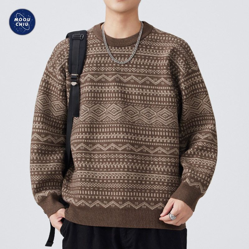 Qiqiu Men's Clothing, Geometric Pattern Jacquard Round Neck Sweater Men's American-Style Loose Heavy Warm Knit