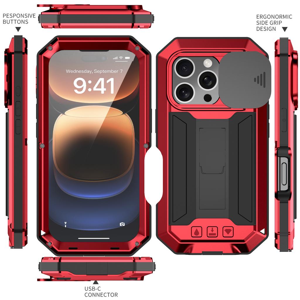 Military Heavy Duty Metal Case for IPhone 13 14 15 16 17 Pro Max Slide Camera Built-in Screen Protector Full Body Hybrid Cover
