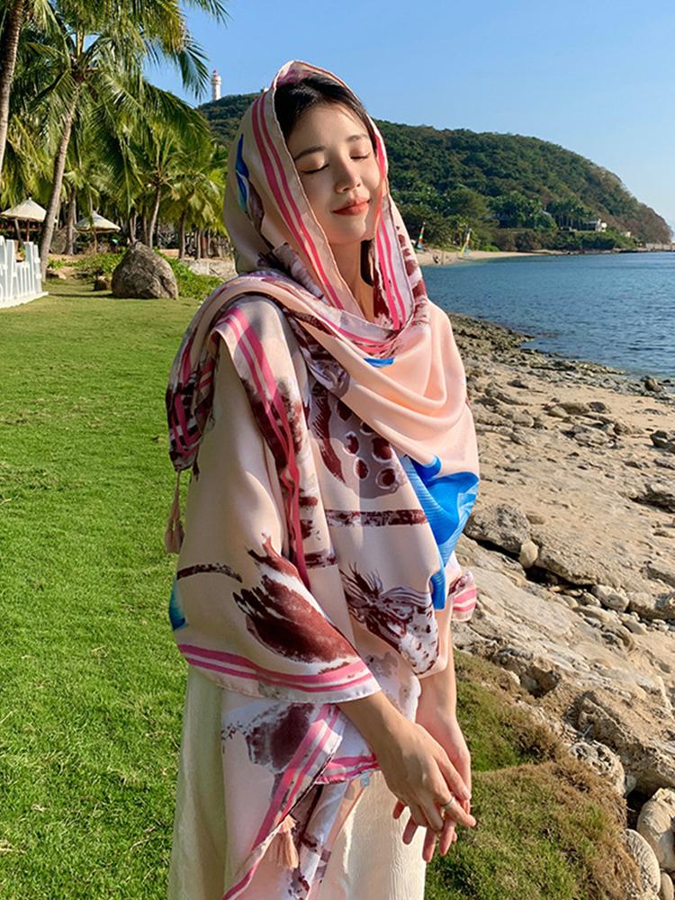 New Chinese Style Summer Women Silk Scarf Beach Wrap Shawl Floral Sunscreen Bandana Hijab Mujer Bohemian Musulman Scarve Pareo