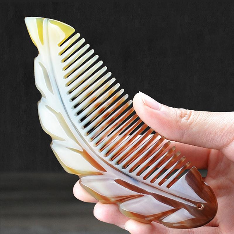 Ručně vyráběný hřeben z přírodního jačího rohu, kadeřnický hřeben s jemnými zuby, antistatický masážní kartáč pro rovnější a natáčející suché a mokré vlasy