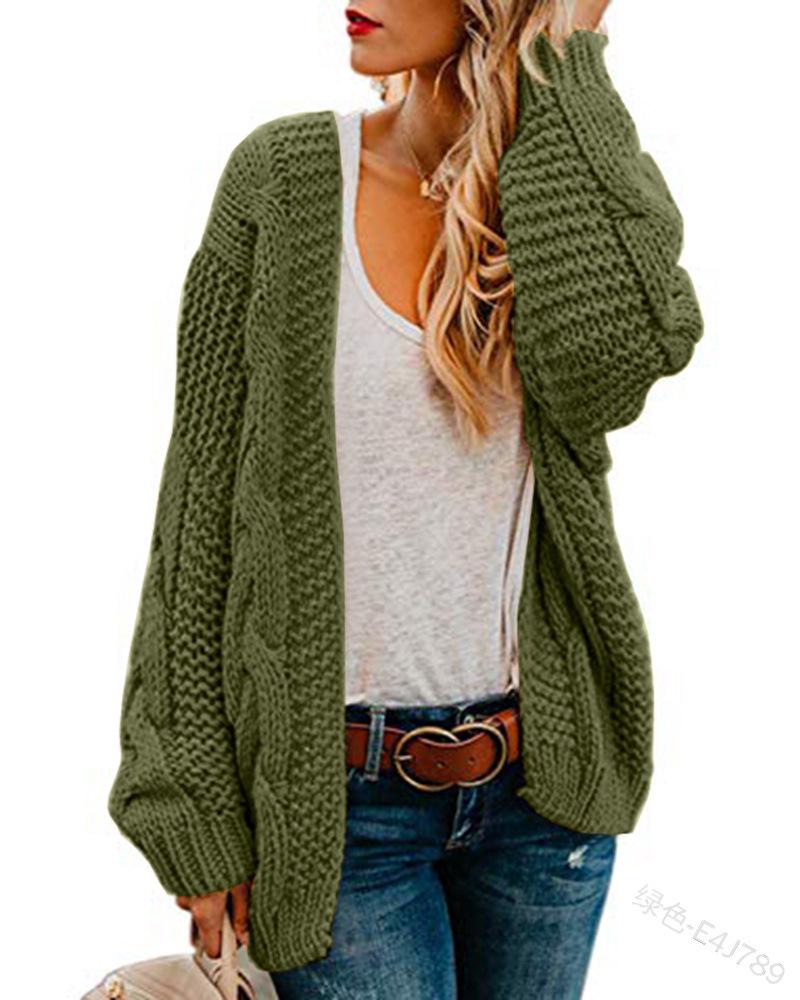 2026 Spring/Autumn Women's Mid-Length Chunky Cable Knit Cardigan - Solid Color, Casual & Loose Fit